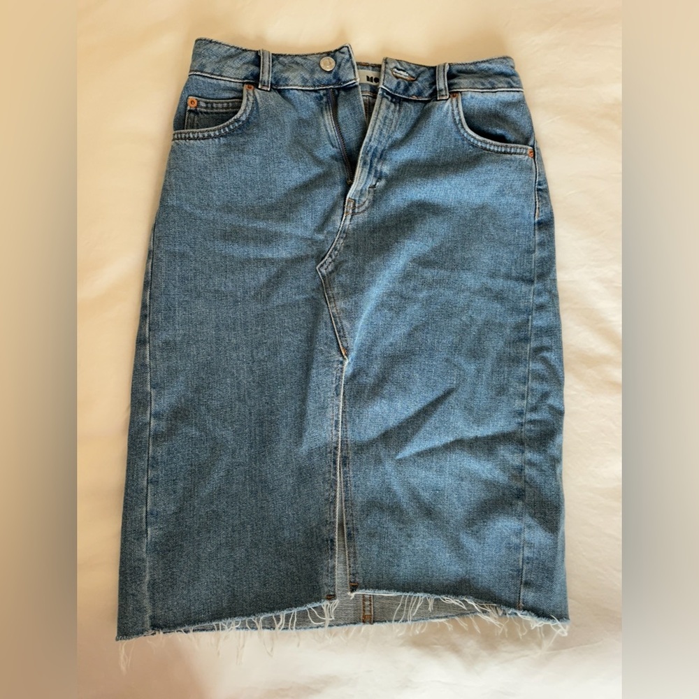 Topshop denim midi fishtail skirt in light wash